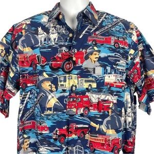 Reyn Spooner Firefighter Vintage Mens Hawaiian Button Shirt size Large Cotton